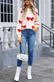 Fashionable Round Neck Long Sleeve Knitted Bow Sweater