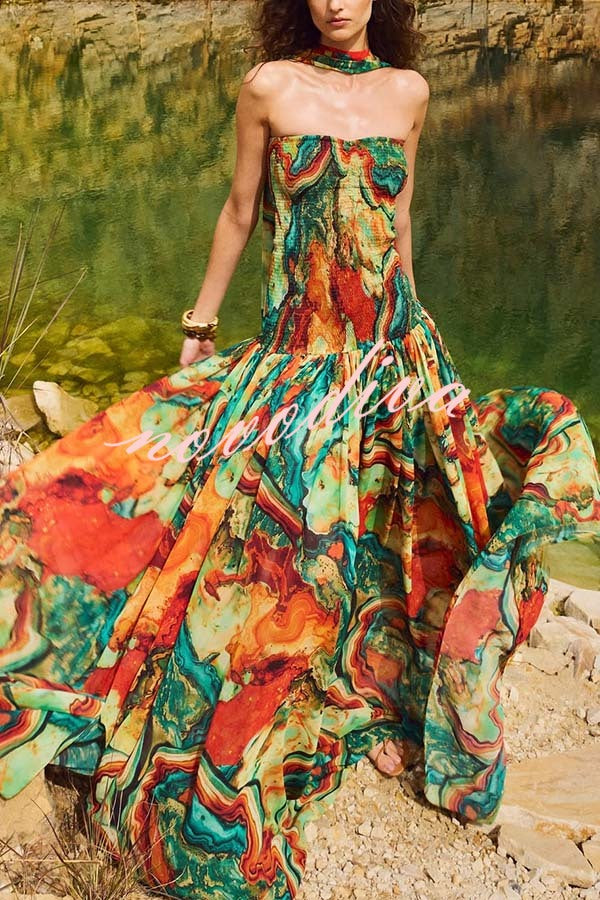 Vacay Vibes Colorful Lava Print Off Shoulder Smocked Scarf Maxi Dress