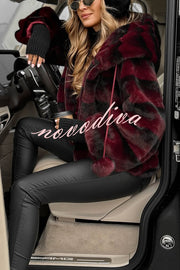 Winter Latte Gradient Print Ribbed Balloon Sleeve Hooded Loose Plush Coat
