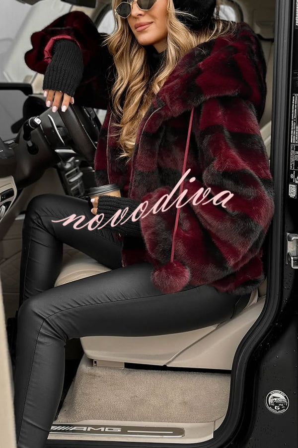 Winter Latte Gradient Print Ribbed Balloon Sleeve Hooded Loose Plush Coat