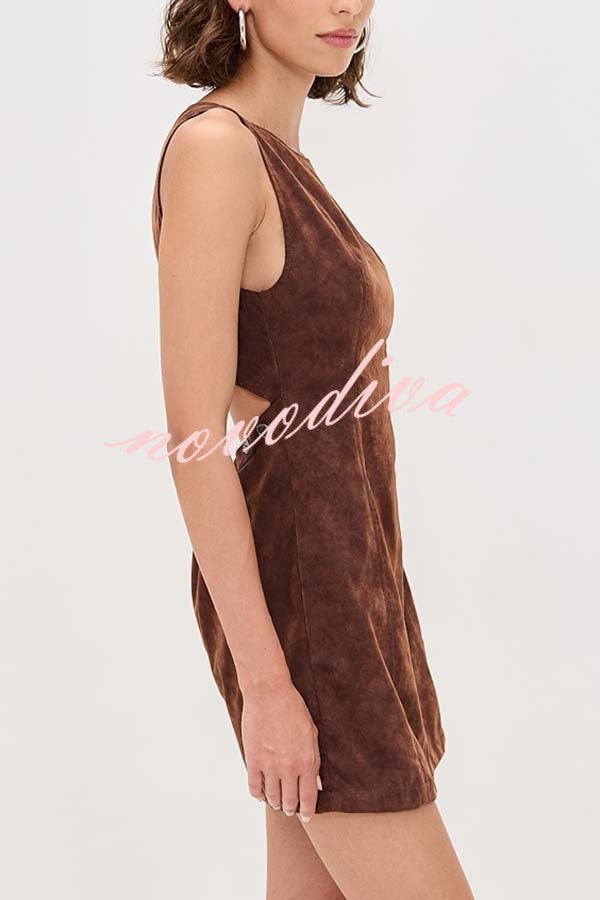 Atlas Faux Suede Open Back Button Accents Zipper Mini Dress