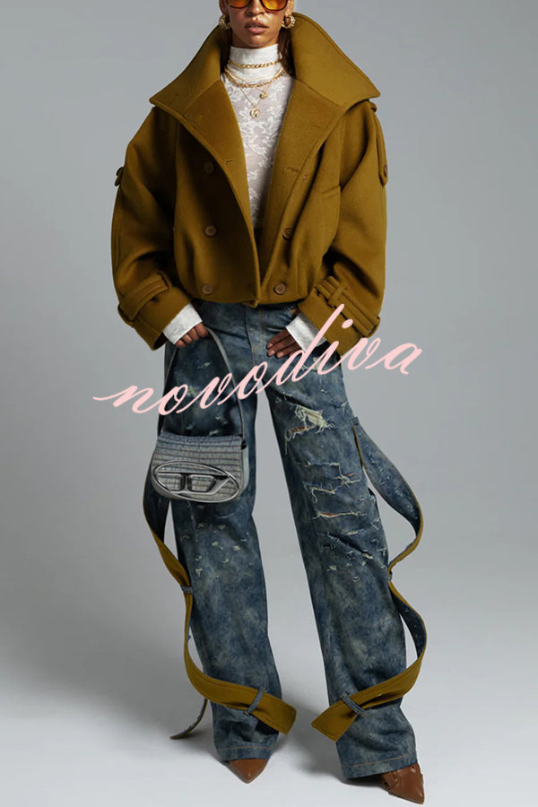 Ellie Epaulettes Stand Neck Double-Breasted Pocket Cropped Loose Woolen Coat