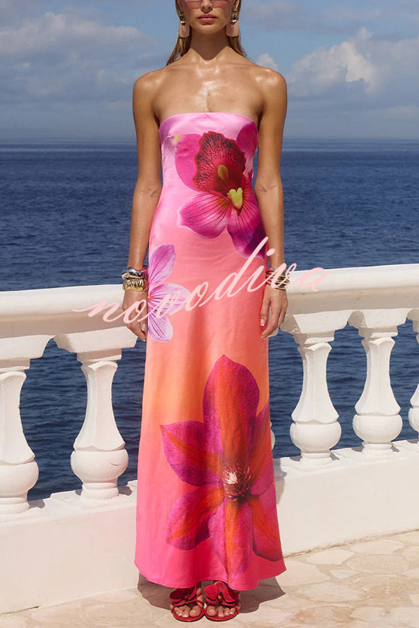 Floral Print Sexy Strapless Backless Holiday Maxi Dress