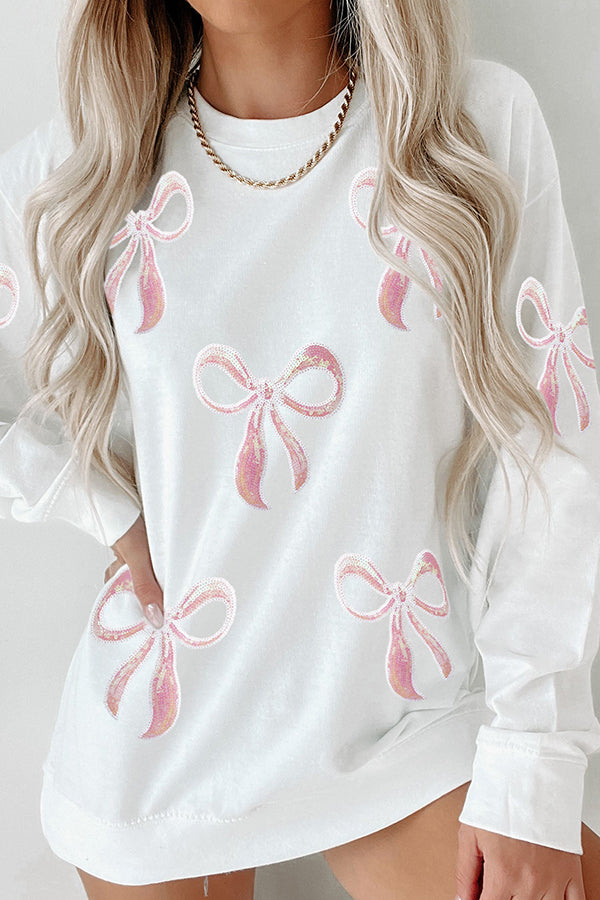 Christmas Sequined Bow Crew Neck Long-sleeved Loose Sweatshirt