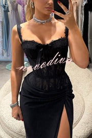 Sexy Grace Magic Lace Corset Bow Design Ruched Hip Slit Maxi Dress