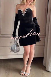 Ines Luxurious Velvet Jewel-encrusted Sweetheart Off Shoulder Neck Tulip Stretch Mini Dress