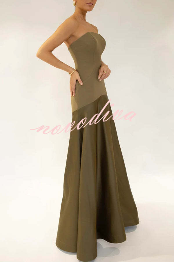 Timeless Elegance Satin Patchwork Strapless Flare Gown Maxi Dress