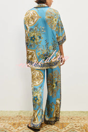 Satin Floral Print Loose Shirt and Elastic Waist Pocket Casual Wide-leg Pants