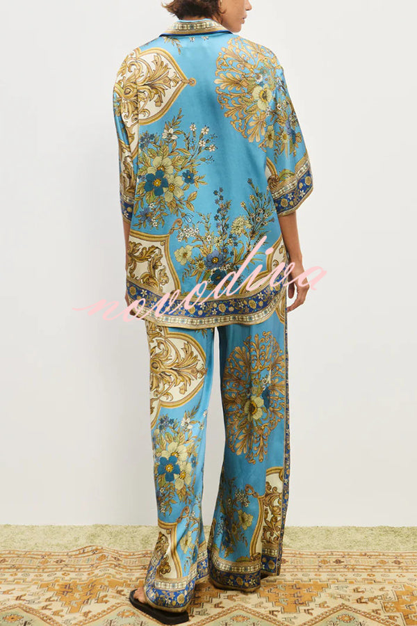 Satin Floral Print Loose Shirt and Elastic Waist Pocket Casual Wide-leg Pants