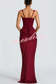 Larrah Square Neck Back Lace-up Satin Drape Hem Maxi Dress