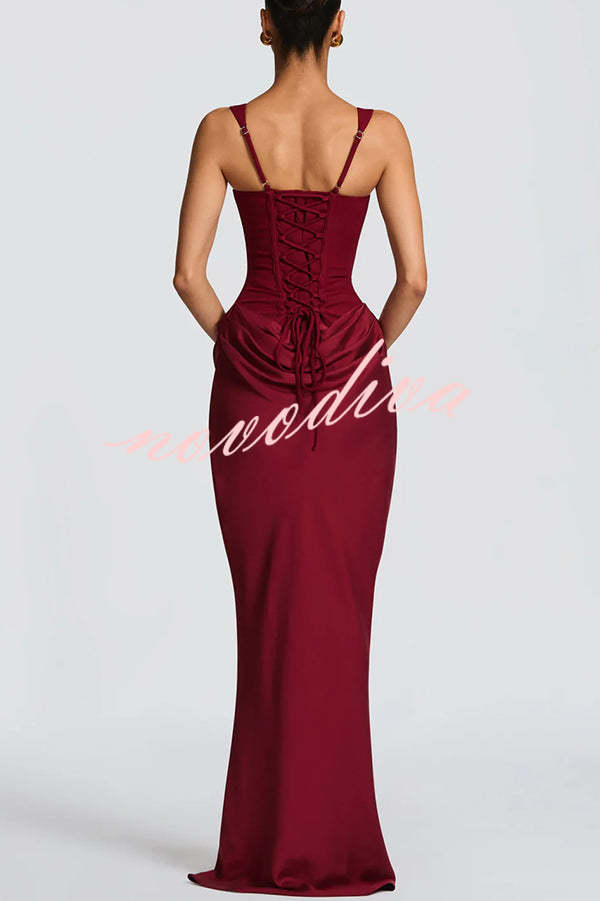 Larrah Square Neck Back Lace-up Satin Drape Hem Maxi Dress