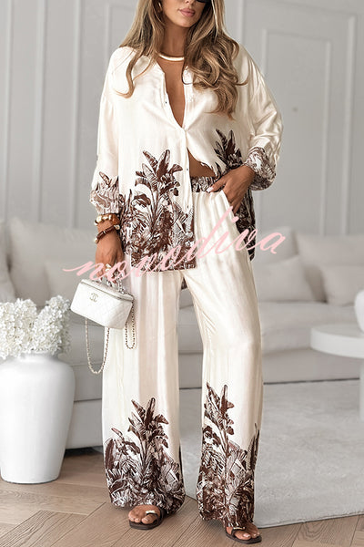 Botanical Print Loose Long-sleeved Shirt and Elastic Waist Pocket Casual Wide-leg Pants