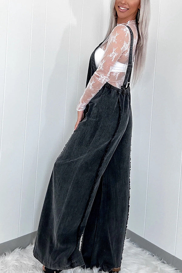 Vintage Washed Denim Raw Edge Elastic Waist Wide Leg Jumpsuit