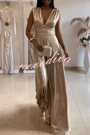 Roisin Metallic Fabric Ruched Shoulder V-neck Wide Leg Drape Jumpsuit