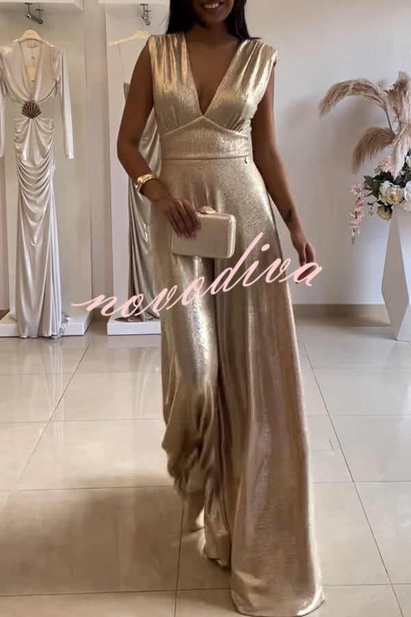 Roisin Metallic Fabric Ruched Shoulder V-neck Wide Leg Drape Jumpsuit