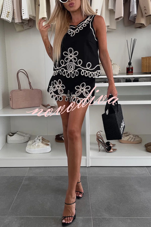 Angie Embroidery Cut-out Sleeveless Top and Elastic Waist Loose Shorts Set