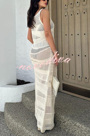 Solid Color Knit Hollow Crew Neck Sleeveless Beach Cover Up Maxi Dress