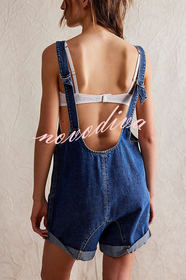 Stylish Loose Sleeveless Pocket Straps Adjustable Denim Rompers