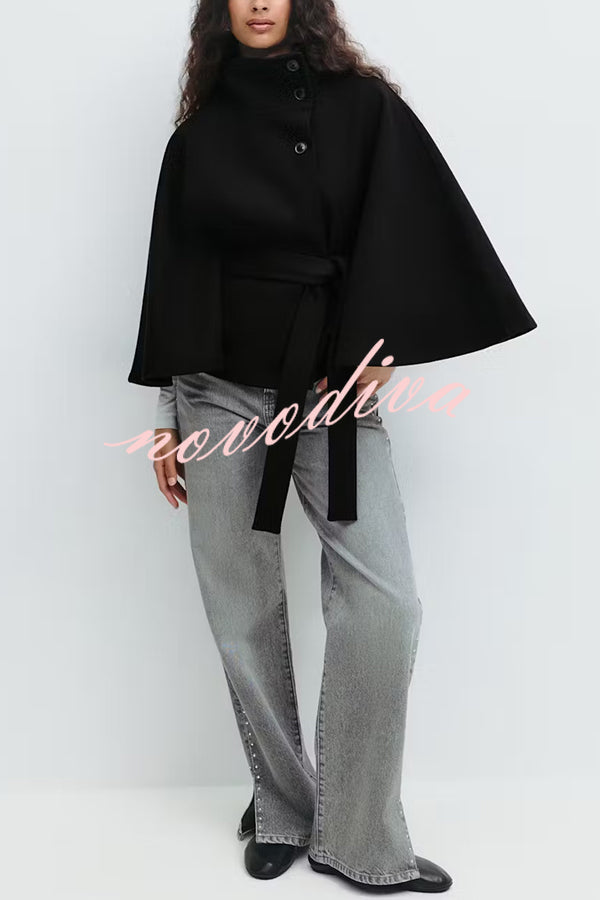 Fashionable Stand Collar Button Waist Tie Loose Cape