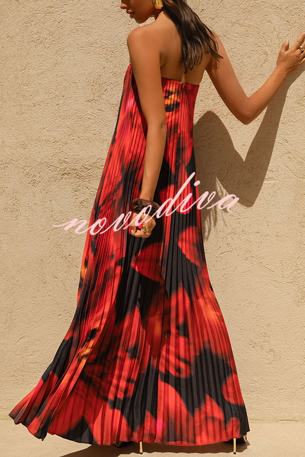 For Every Occasion Satin Pleated Floral Print V-wire Bandeau Neck Maxi Dress