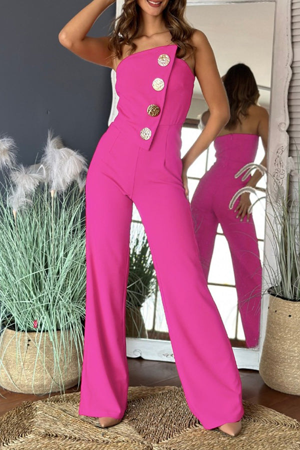 Solid Color Sexy Tube Top Gold Button Embellished Bootcut Jumpsuit