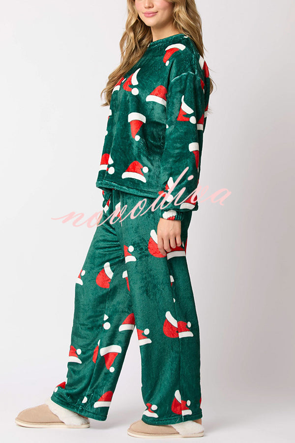 Christmas Printed Crew Neck Long Sleeve Top and Elastic Waist Loose Pants Set