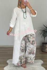 Linen Blend Crew Neck Long Sleeve Irregular Loose Top and Elastic Waist Floral Print Casual Pocket Set
