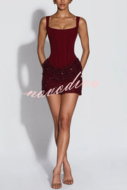 Yeona Square Neck Back Lace-up Sequin Embroidery Drape Hem Mini Dress