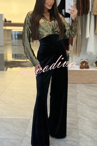 Caitlin Metallic Velvet Patchwork Long Batwing Sleeve Pocket Wide Leg Jumpsuit