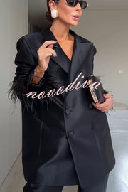 Chic Affair Satin Feather Trim Lapel Loose Blazer and High Rise Pocket Tapered Pants Set