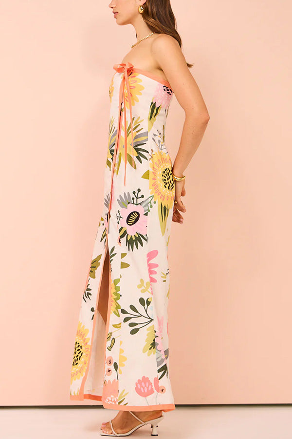 Inessa Linen Blend Floral Print Strapless Wrap Bow Maxi Dress