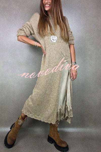 Solid Color Knitted Long-sleeved Casual Slit Midi Dress