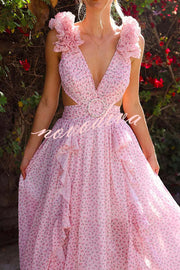 Wedding Dreams Chiffon Printed Flutter Sleeve Cutout Back Lace-up Maxi Dress