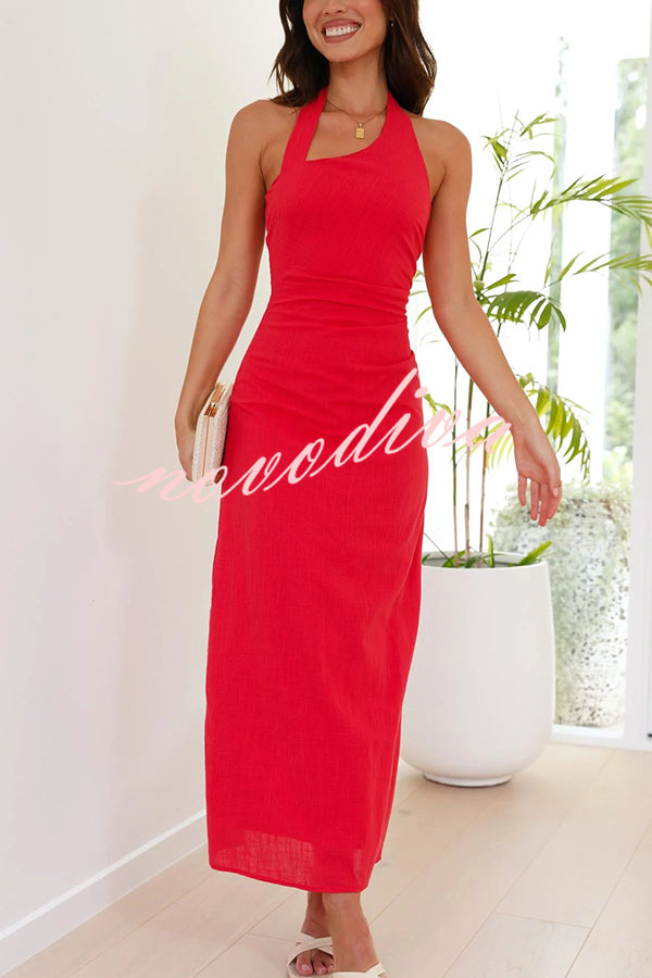 Solid Color Sleeveless Halter Neck Backless Slim Fit Maxi Dress