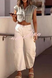 Stylish Weekend Denim Button Up Cape Sleeve Pocket Crop Top