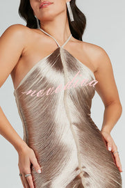 Sexy Allnight Metallic Halterneck Backless Fringed Slit Maxi Dress