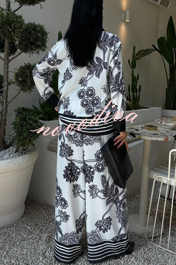 Sofia Contrast Color Flowers Print Long Sleeve Shirt and Elastic Waist Pocketed Pants Set