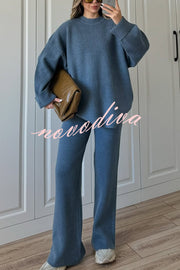Solid Color Loose Long-sleeved Knit Top and Elastic Waist Casual Straight Leg Pants Set