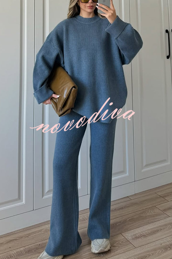 Solid Color Loose Long-sleeved Knit Top and Elastic Waist Casual Straight Leg Pants Set