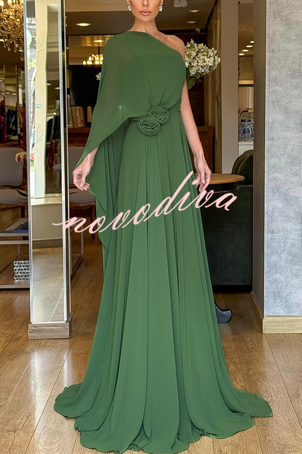 Iriena Chiffon One Shoulder Rose Decoration Waist Formal Maxi Dress