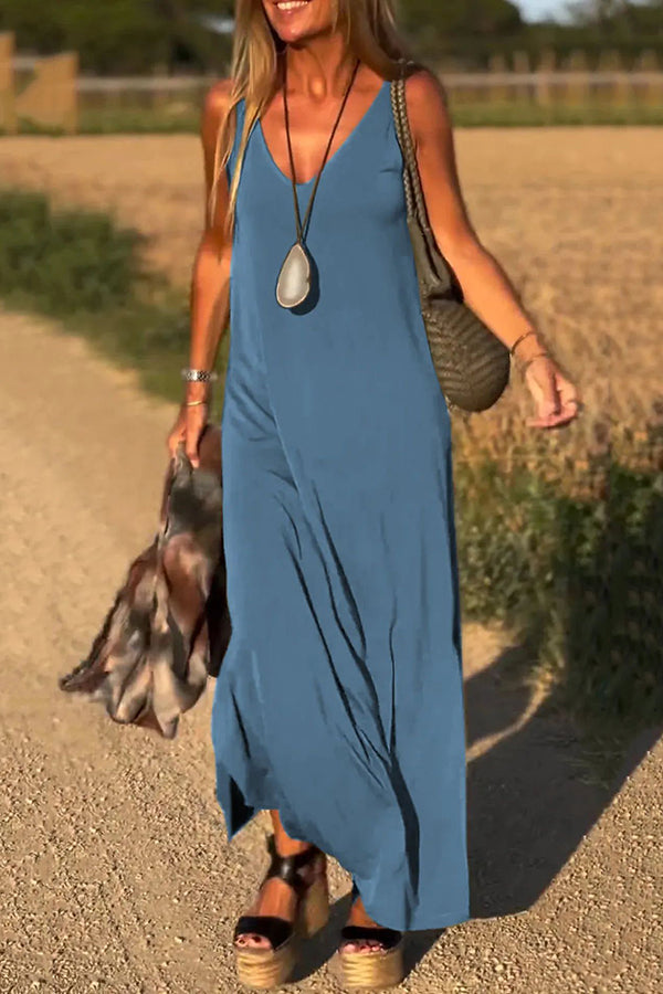 Solid Color V-neck Sleeveless Casual Loose Maxi Dress