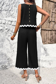 Wave Trimmed Round Neck Buttoned Elastic Waist Pants Suit