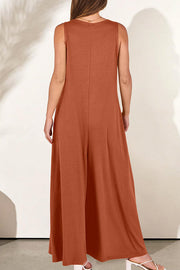 Solid Color V-neck Sleeveless Loose Pocket Wide-leg Jumpsuit