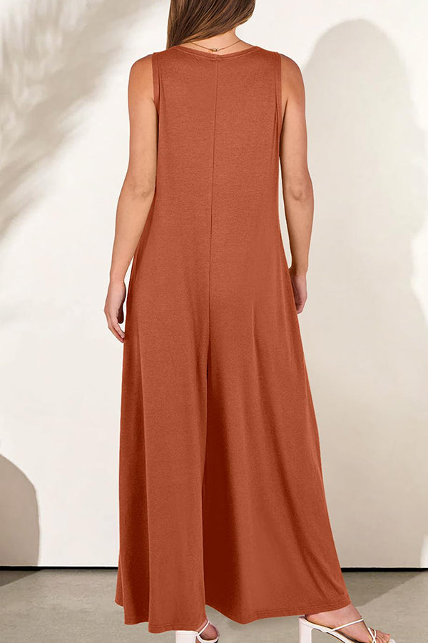 Solid Color V-neck Sleeveless Loose Pocket Wide-leg Jumpsuit