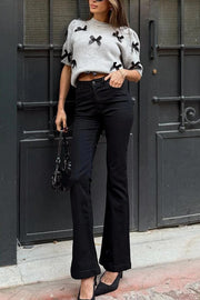 Stylish Bow Decoration Round Neck Puff Sleeve Casual Knit Sweater