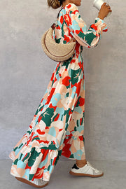 Colorful Printed V-neck Waist High Slit Ruffled Maxi Dress