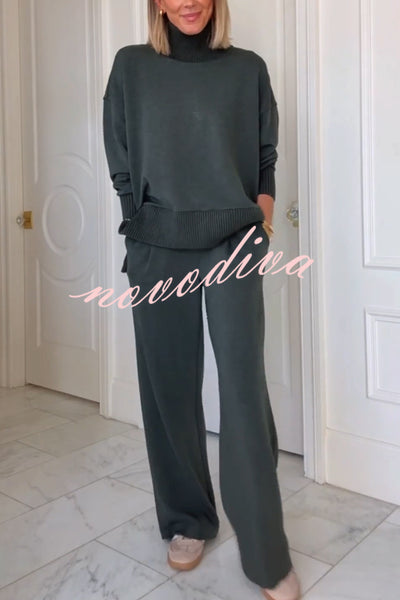 Barker High-Neck Long Sleeve Side Zipper Sweatshirt and Elastic Waist Pocketed Loose Pants Set