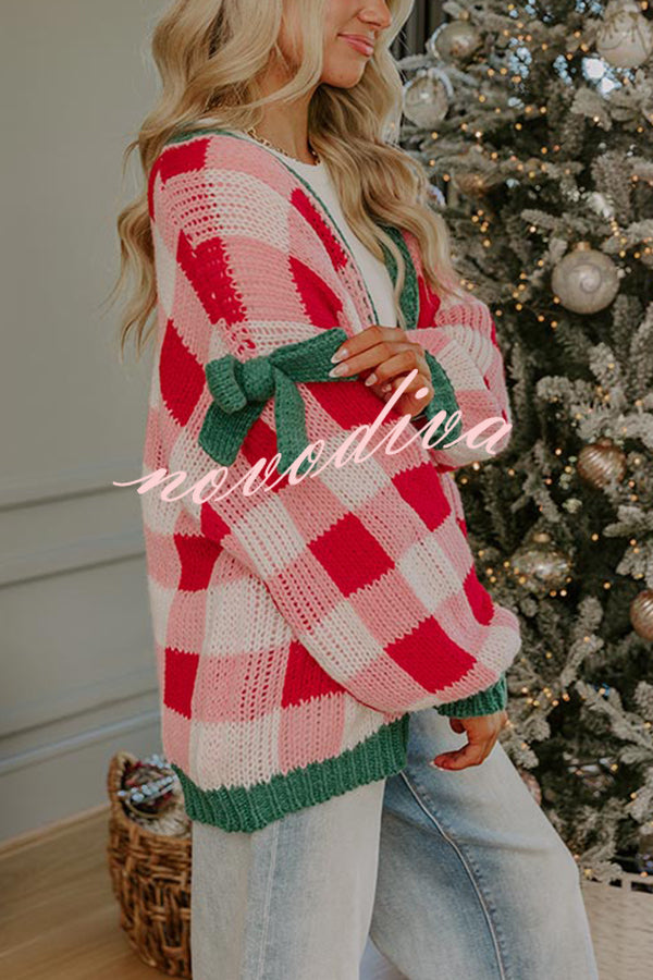 Holiday Cozy Checkered Knit Color-blocked Plaid Bow Long-sleeved Cardigan