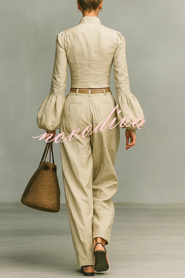 Linen-blend Long-sleeved Button-down Top and Relaxed-pocket Wide-leg Pants Set