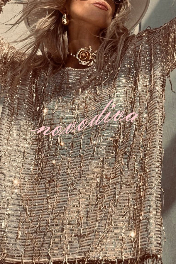 Fashion Sequin Round Neck Long Sleeve Tassel Top and Elastic Waist Casual Shorts Set